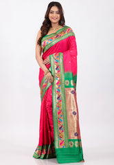 Rani with Green Border Paithani Silk Saree With Blouse Piece - Adi Akshoy & Co.