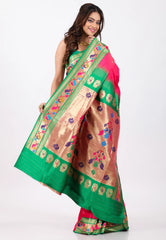 Rani with Green Border Paithani Silk Saree With Blouse Piece - Adi Akshoy & Co.
