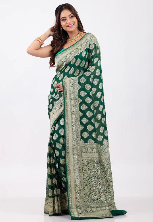 Bottle Green with Zari work Khaddi Georgette Benarasi Saree with Blouse Piece - Adi Akshoy & Co.