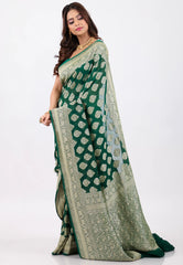 Bottle Green with Zari work Khaddi Georgette Benarasi Saree with Blouse Piece - Adi Akshoy & Co.