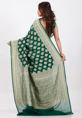 Bottle Green with Zari work Khaddi Georgette Benarasi Saree with Blouse Piece - Adi Akshoy & Co.