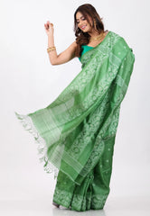 Pesta Green Pure Tussar Dhakai Jamdani Saree with Blouse Piece - Adi Akshoy & Co.