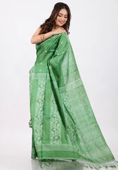 Pesta Green Pure Tussar Dhakai Jamdani Saree with Blouse Piece - Adi Akshoy & Co.