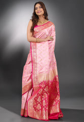Pink with Rani Border Pastel Banarasi Saree With Blouse Piece - Adi Akshoy & Co.