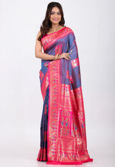 Dual shades of Purple & Blue with Rani Border Baluchari Silk Saree with Blouse Piece - Adi Akshoy & Co.