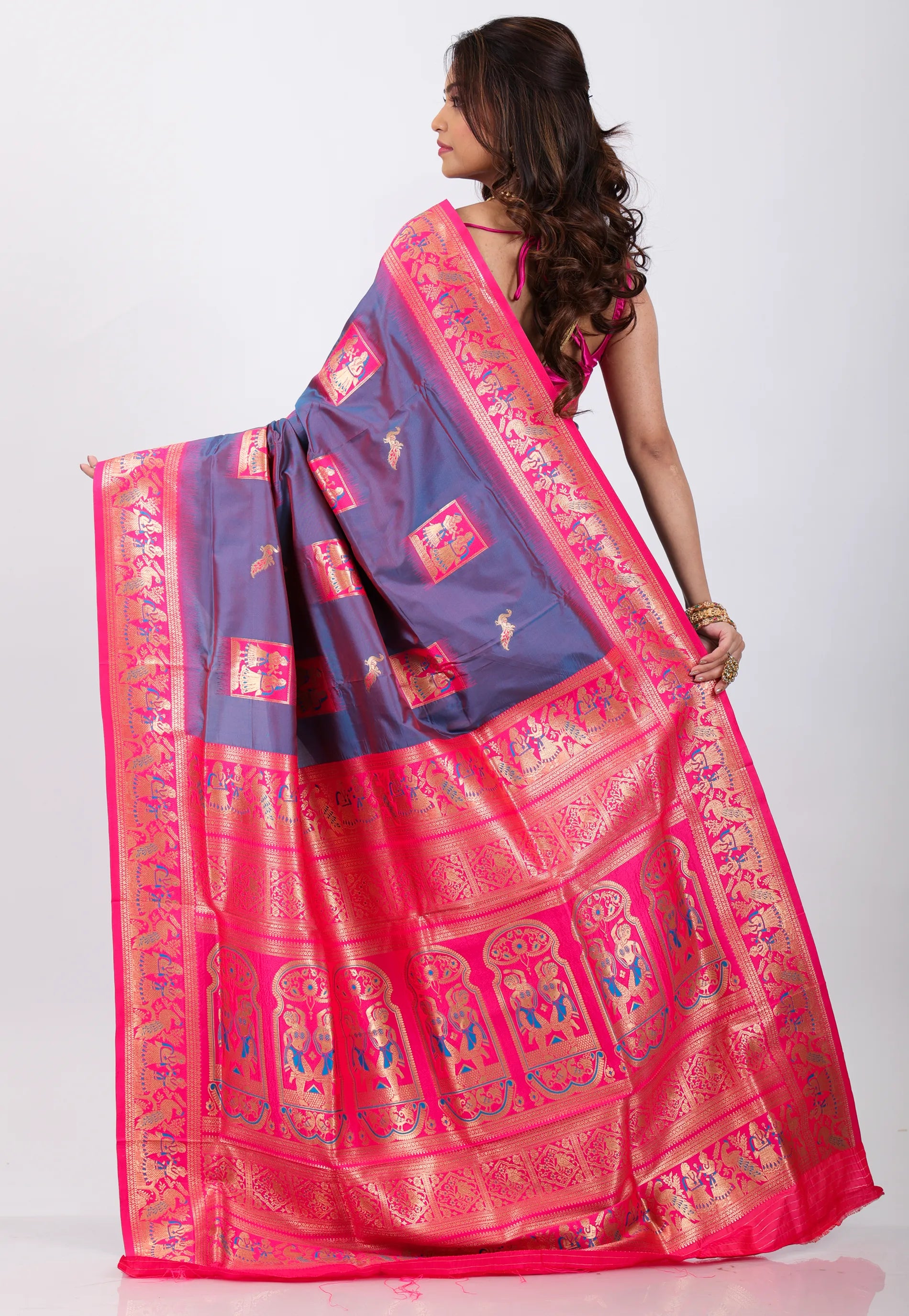 Dual shades of Purple & Blue with Rani Border Baluchari Silk Saree with Blouse Piece - Adi Akshoy & Co.