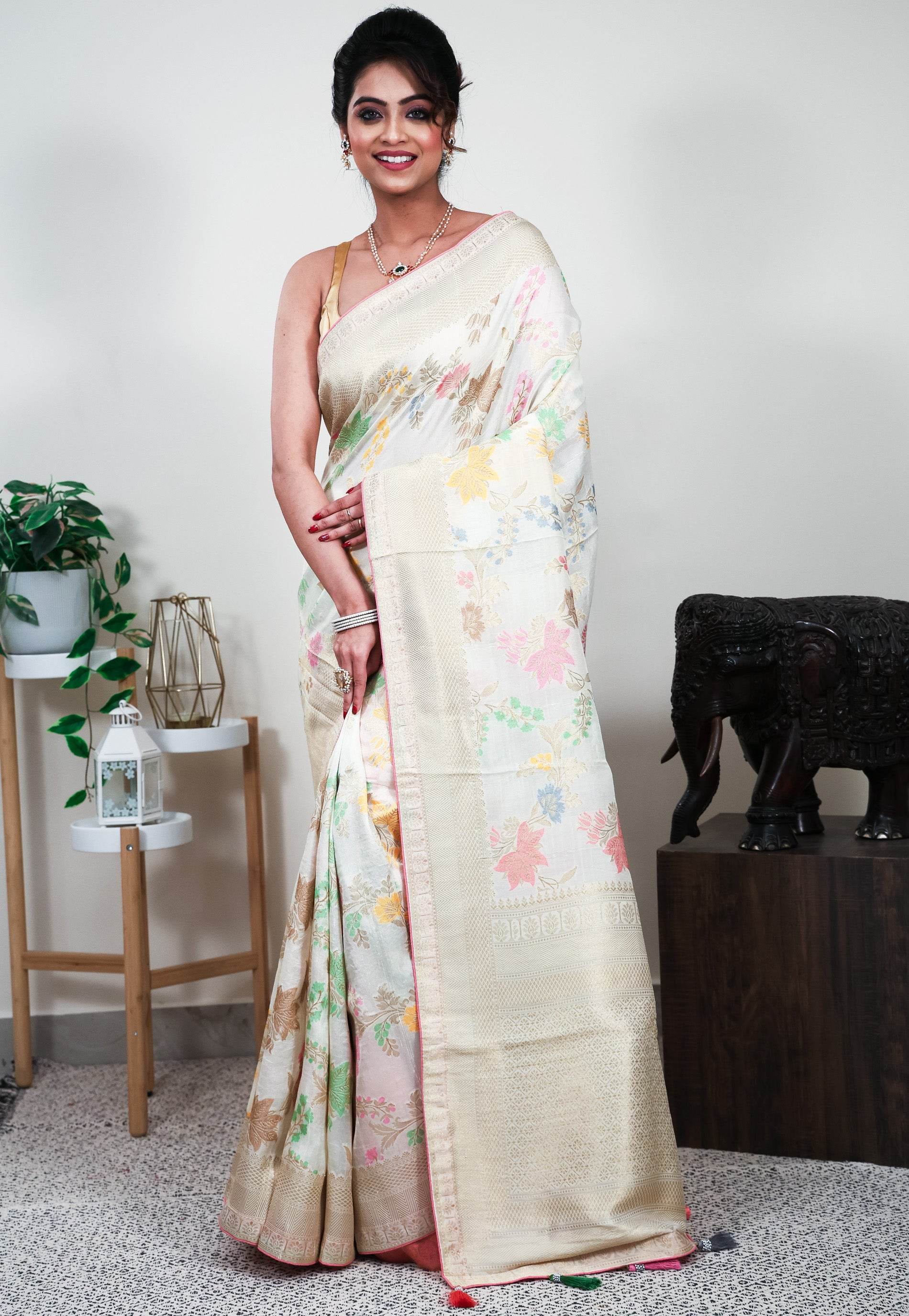 Off White Tussar Silk Saree with Blouse Piece - Adi Akshoy & Co.