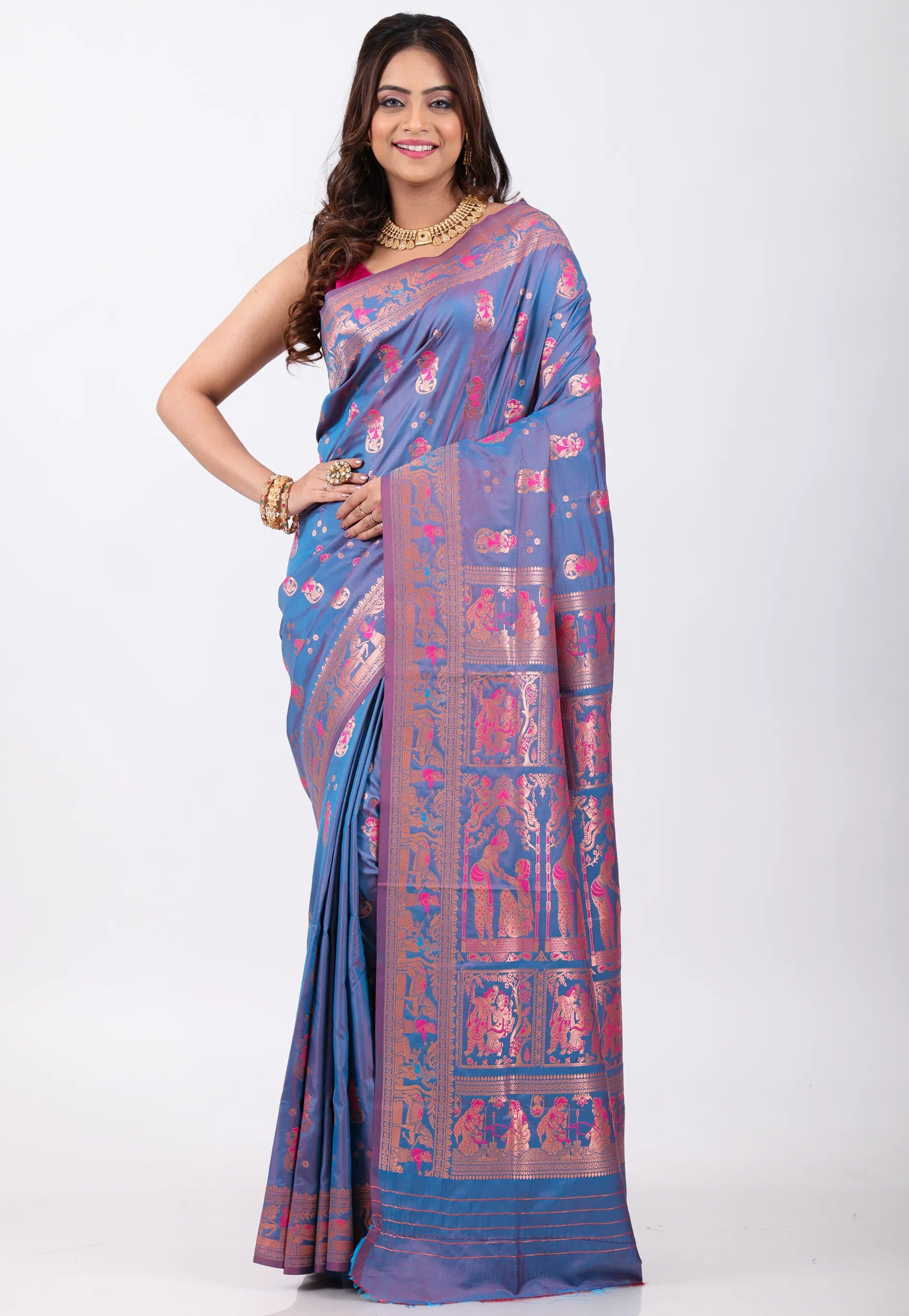 Dual shades of Purple & Blue Baluchari Silk Saree with Blouse Piece - Adi Akshoy & Co.
