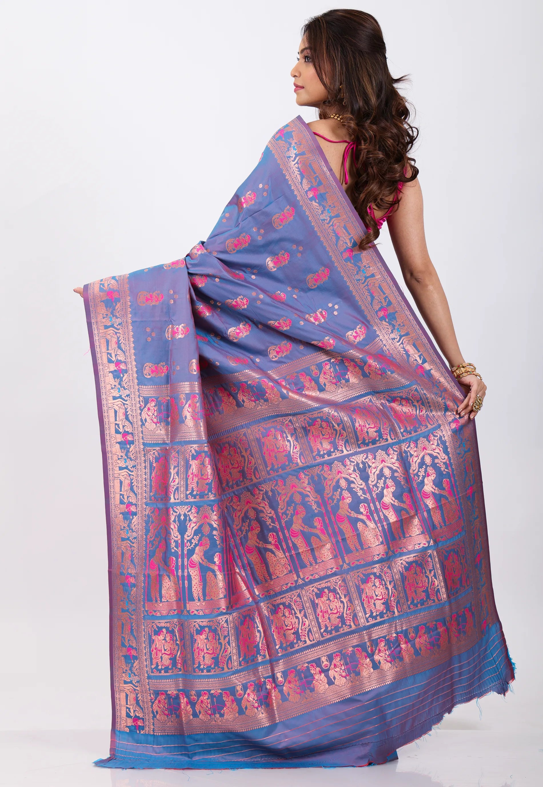 Dual shades of Purple & Blue Baluchari Silk Saree with Blouse Piece - Adi Akshoy & Co.