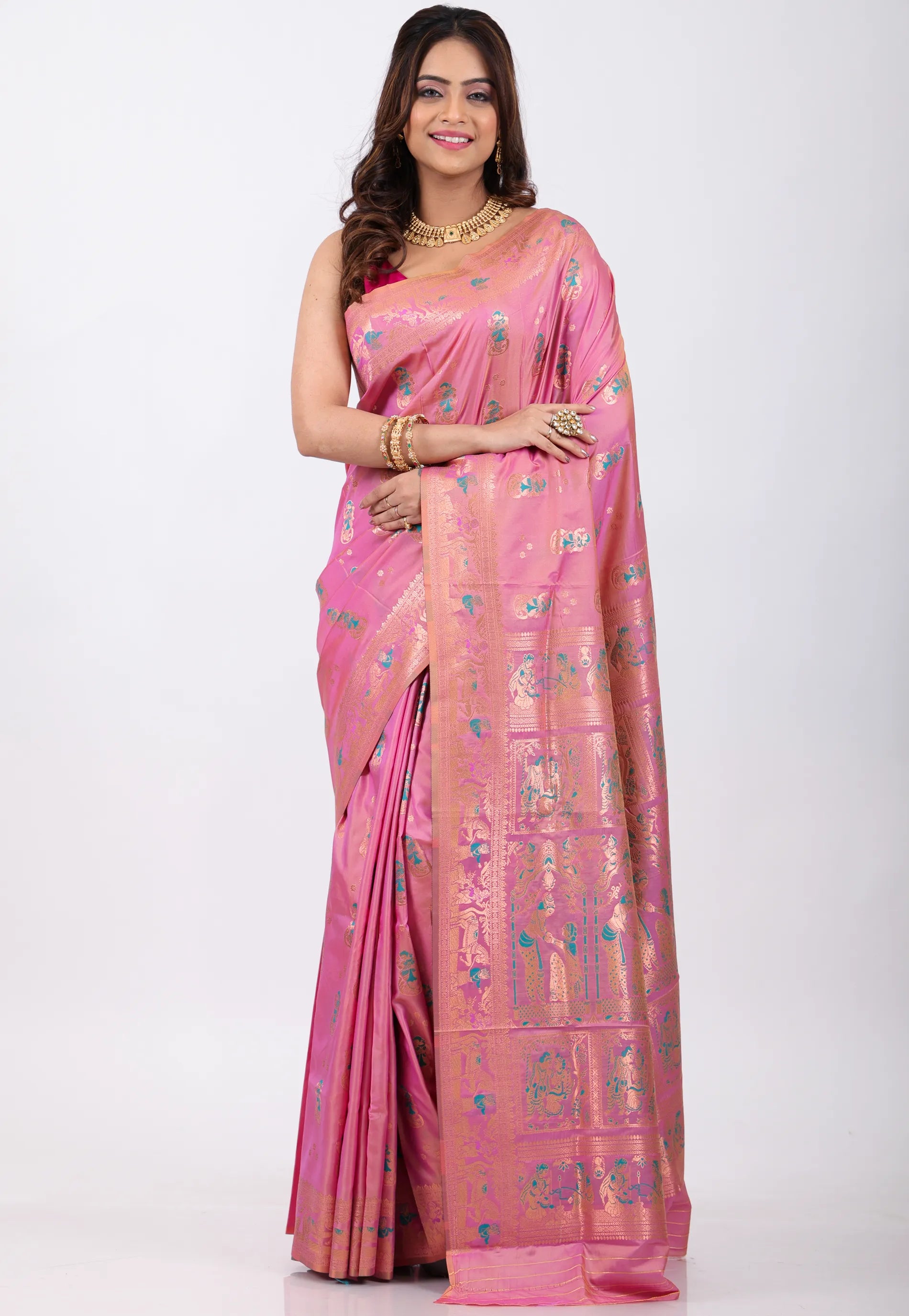 Onion Pink Baluchari Silk Saree with Blouse Piece - Adi Akshoy & Co.