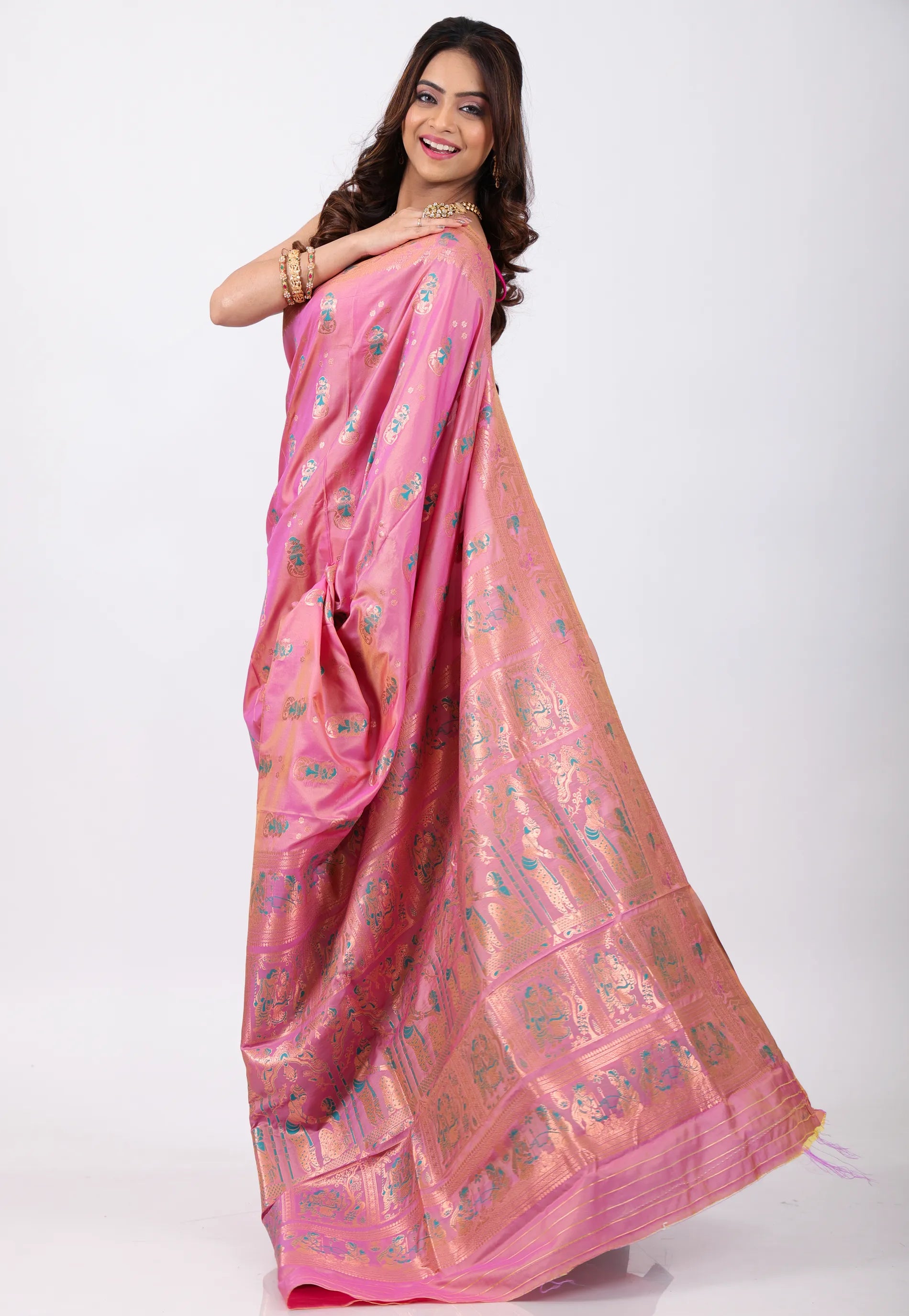 Onion Pink Baluchari Silk Saree with Blouse Piece - Adi Akshoy & Co.