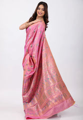 Onion Pink Baluchari Silk Saree with Blouse Piece - Adi Akshoy & Co.