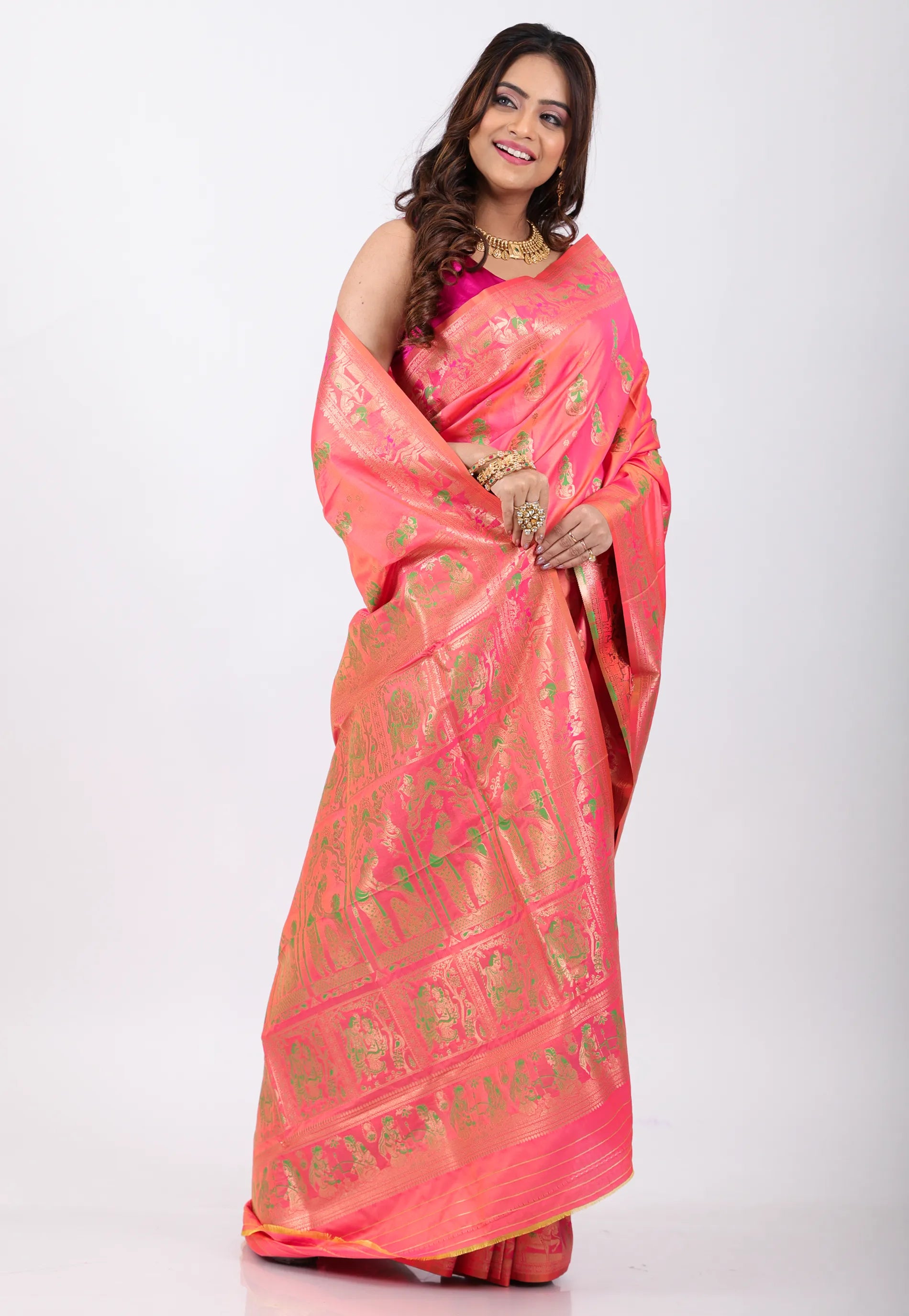 Baby Pink Baluchari Silk Saree with Blouse Piece - Adi Akshoy & Co.
