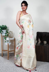 Off White Tussar Silk Saree with Blouse Piece - Adi Akshoy & Co.