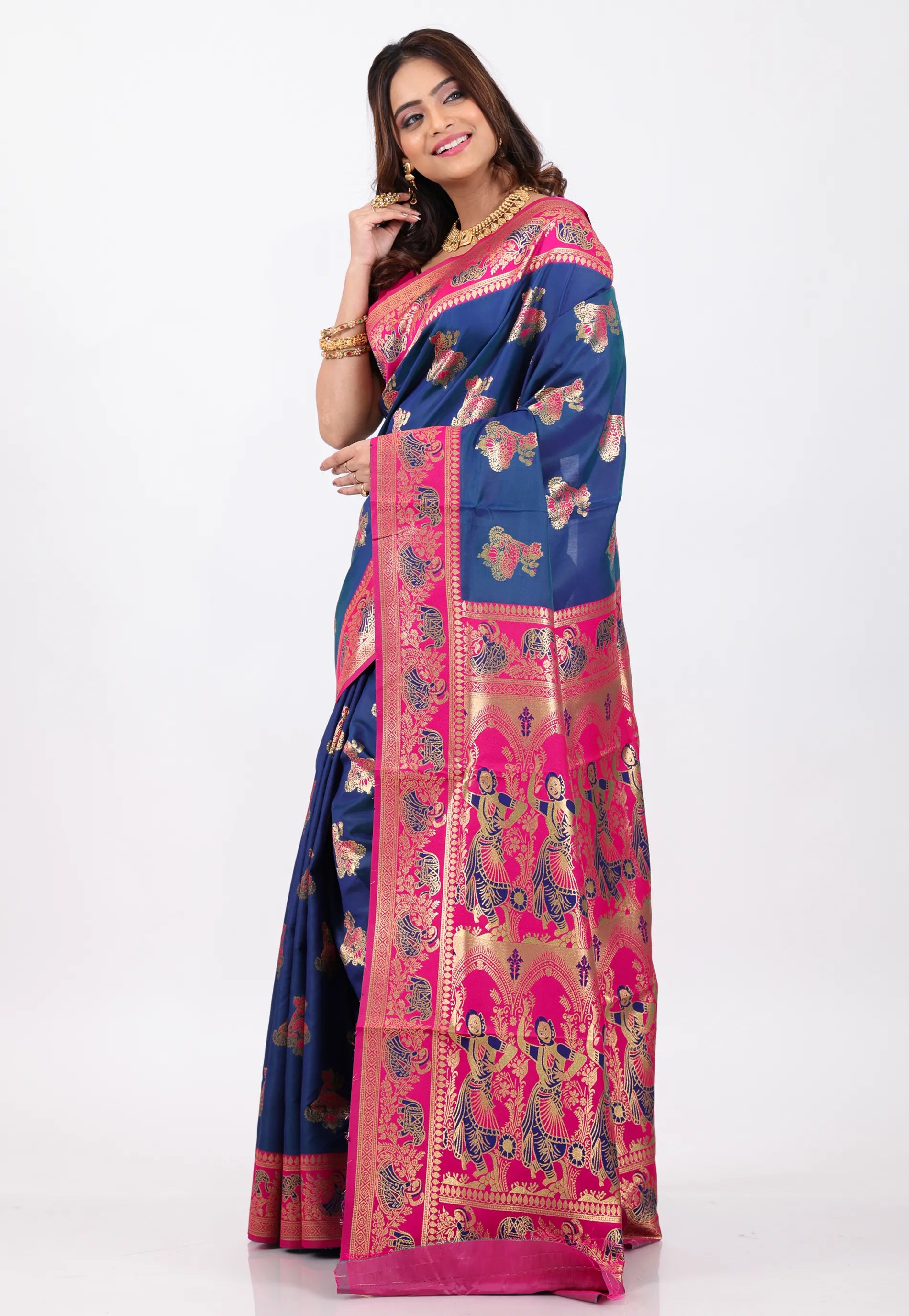 Navy Blue with Rani Border Baluchari Silk Saree with Blouse Piece - Adi Akshoy & Co.