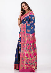 Navy Blue with Rani Border Baluchari Silk Saree with Blouse Piece - Adi Akshoy & Co.