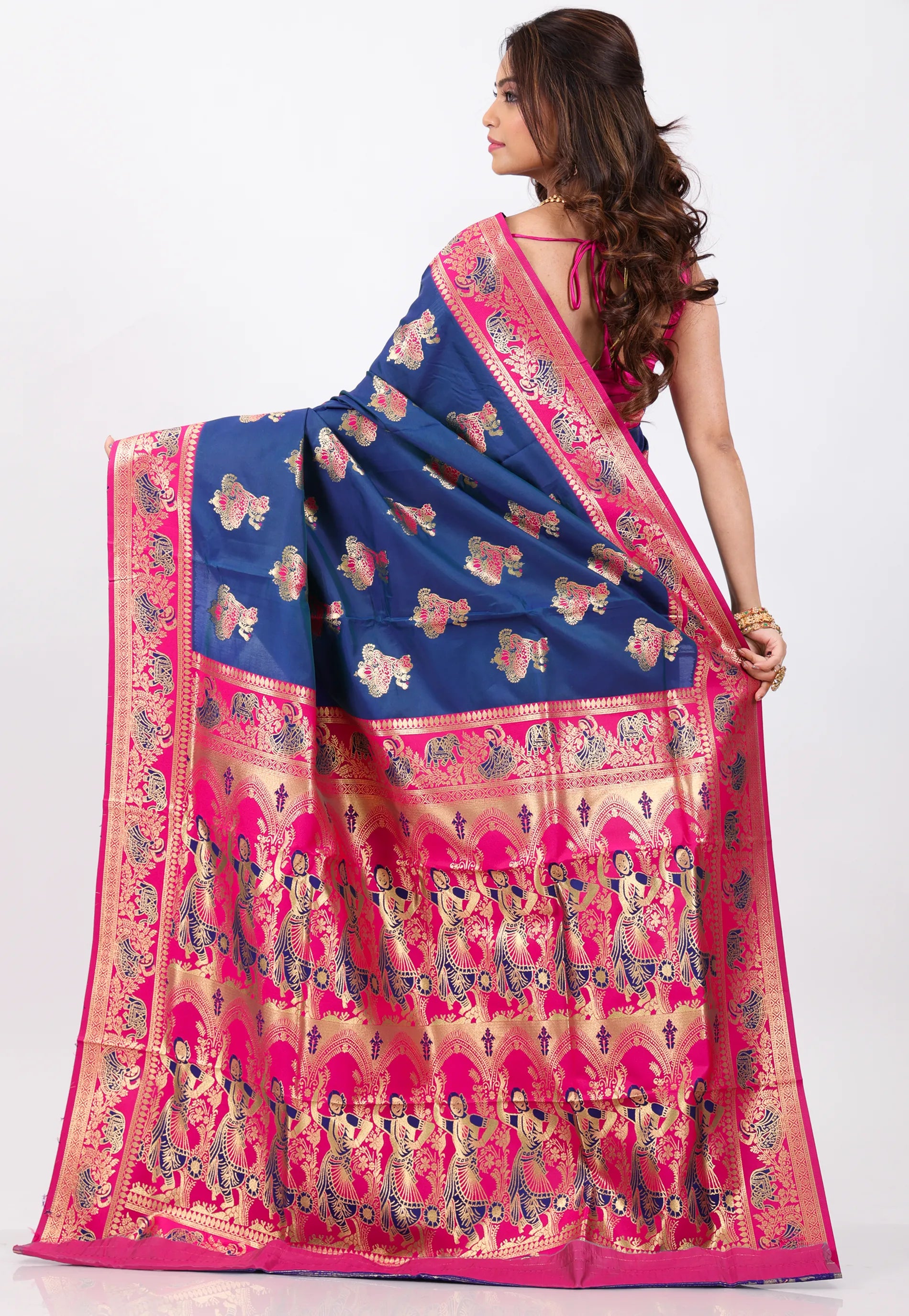 Navy Blue with Rani Border Baluchari Silk Saree with Blouse Piece - Adi Akshoy & Co.