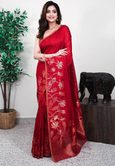 Maroon Matka Handloom Pure Silk Saree With Blouse Piece - Adi Akshoy & Co.