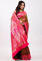 Brown with Rani Border Baluchari Silk Saree with Blouse Piece - Adi Akshoy & Co.