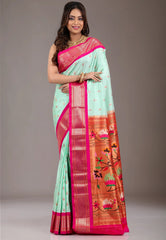 Sea Blue with Rani Zari Border Pure Paithani Silk Saree With Blouse Piece - Adi Akshoy & Co.