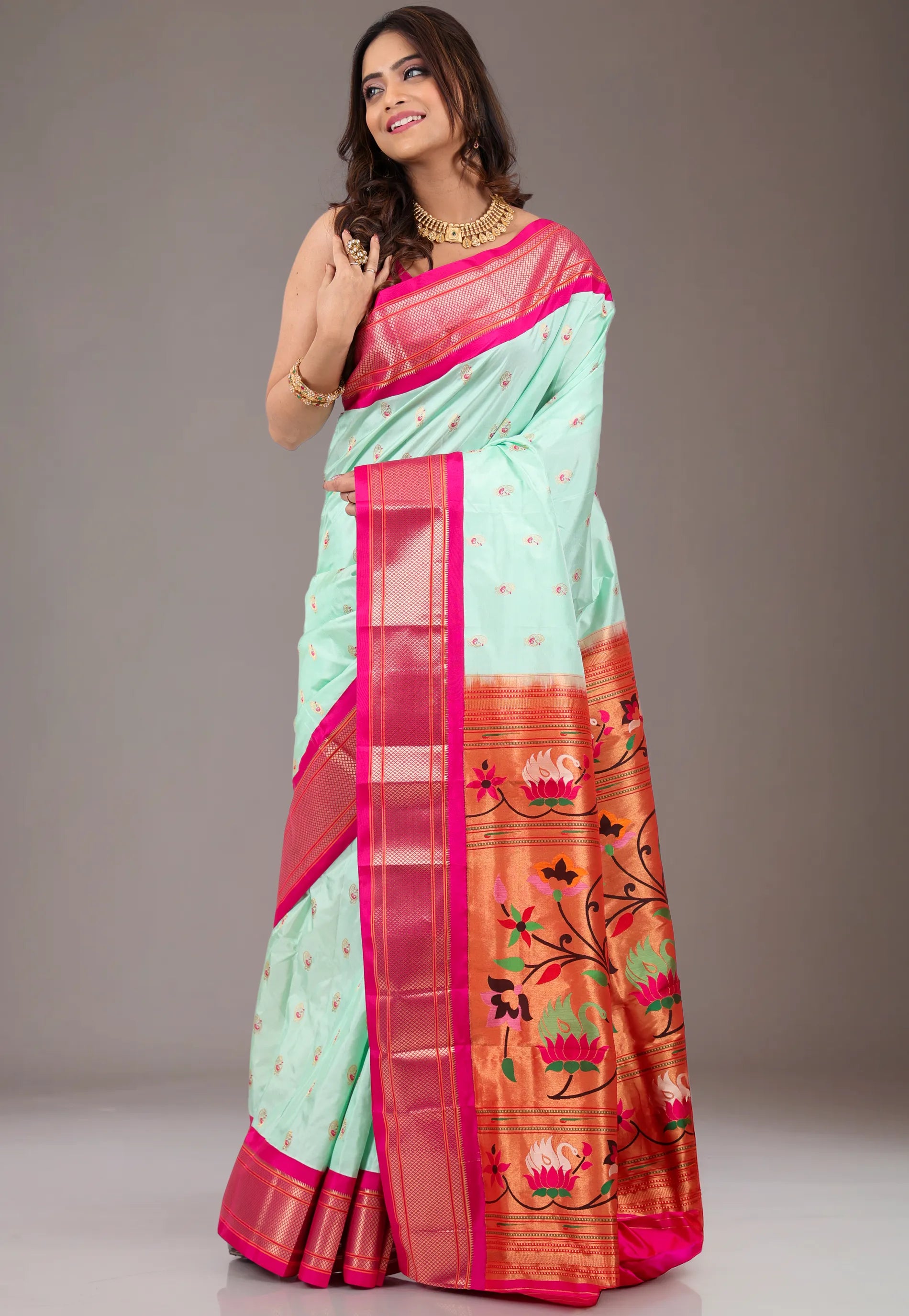 Sea Blue with Rani Zari Border Pure Paithani Silk Saree With Blouse Piece - Adi Akshoy & Co.