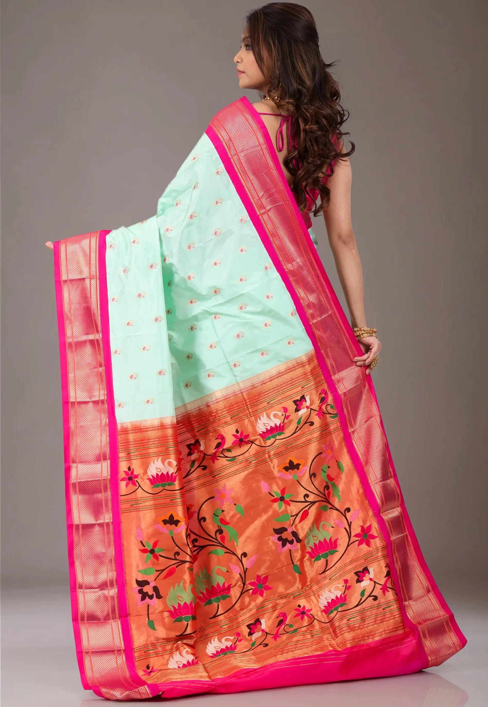 Sea Blue with Rani Zari Border Pure Paithani Silk Saree With Blouse Piece - Adi Akshoy & Co.