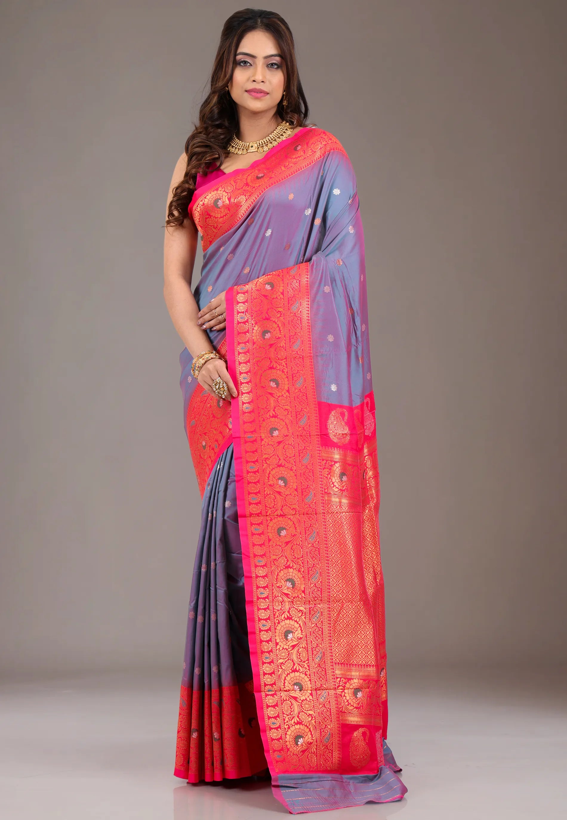 Dual shades of Purple & Blue Kanjivaram Silk Saree With Blouse Piece - Adi Akshoy & Co.