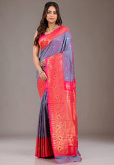 Dual shades of Purple & Blue Kanjivaram Silk Saree With Blouse Piece - Adi Akshoy & Co.