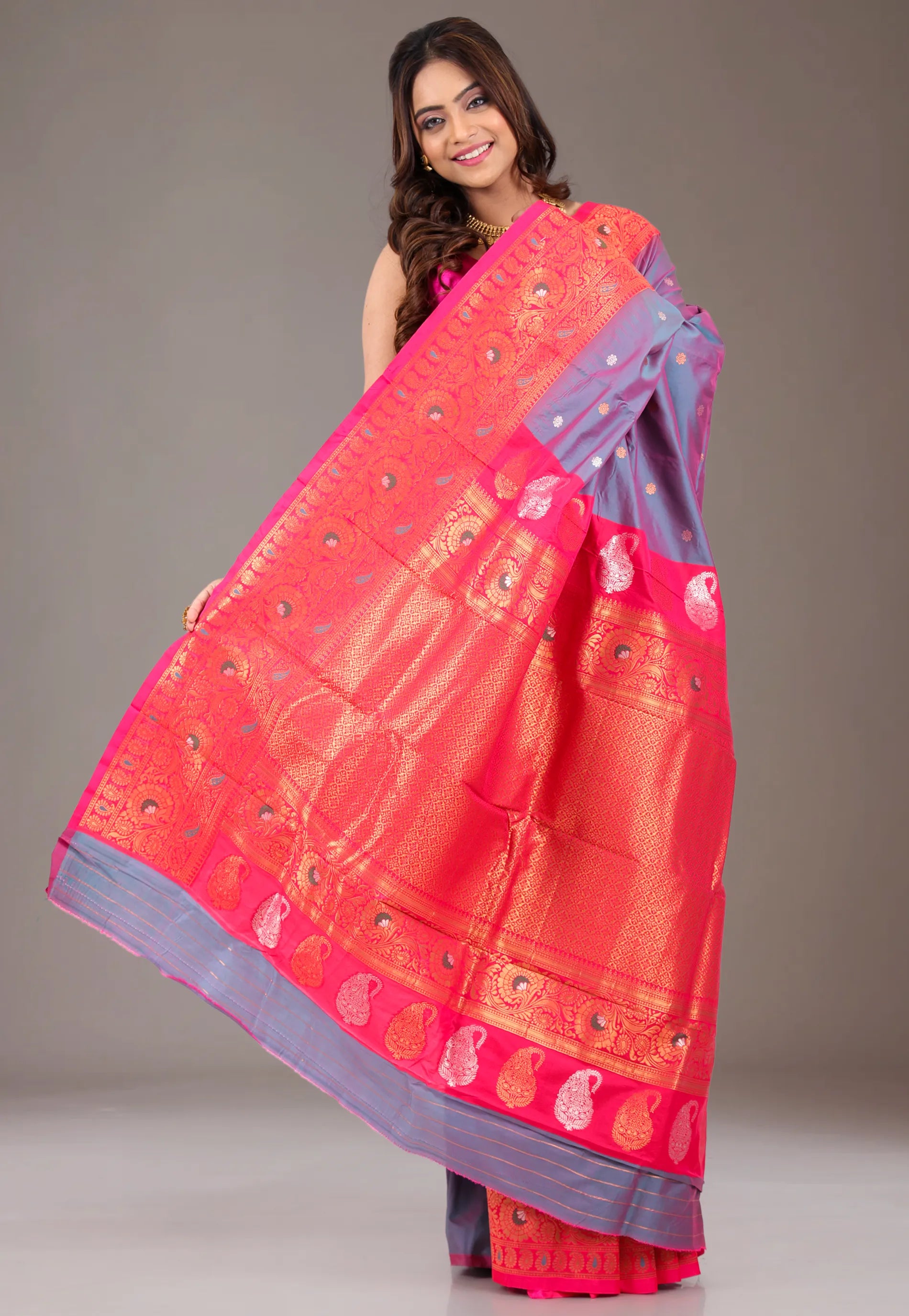 Dual shades of Purple & Blue Kanjivaram Silk Saree With Blouse Piece - Adi Akshoy & Co.