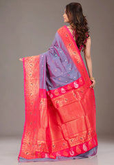 Dual shades of Purple & Blue Kanjivaram Silk Saree With Blouse Piece - Adi Akshoy & Co.
