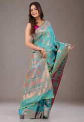 Turquoise Blue Baluchari Silk Saree with Blouse Piece - Adi Akshoy & Co.