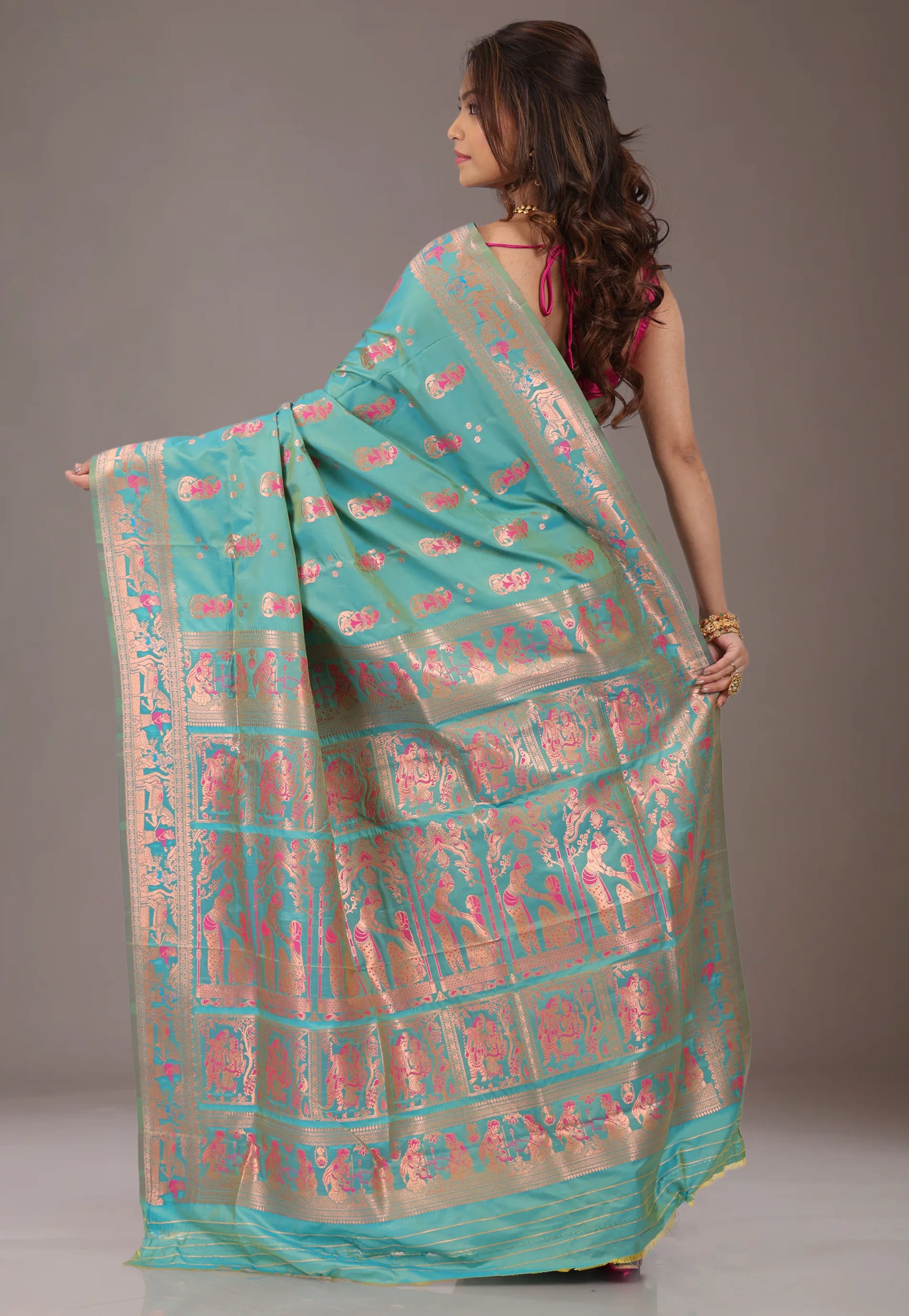 Turquoise Blue Baluchari Silk Saree with Blouse Piece - Adi Akshoy & Co.