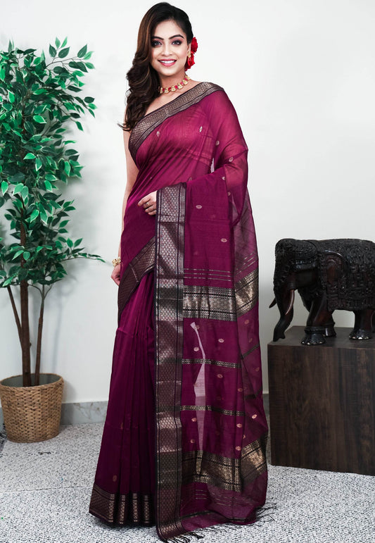 Purple Sico Handloom Saree With Blouse Piece - Adi Akshoy & Co.
