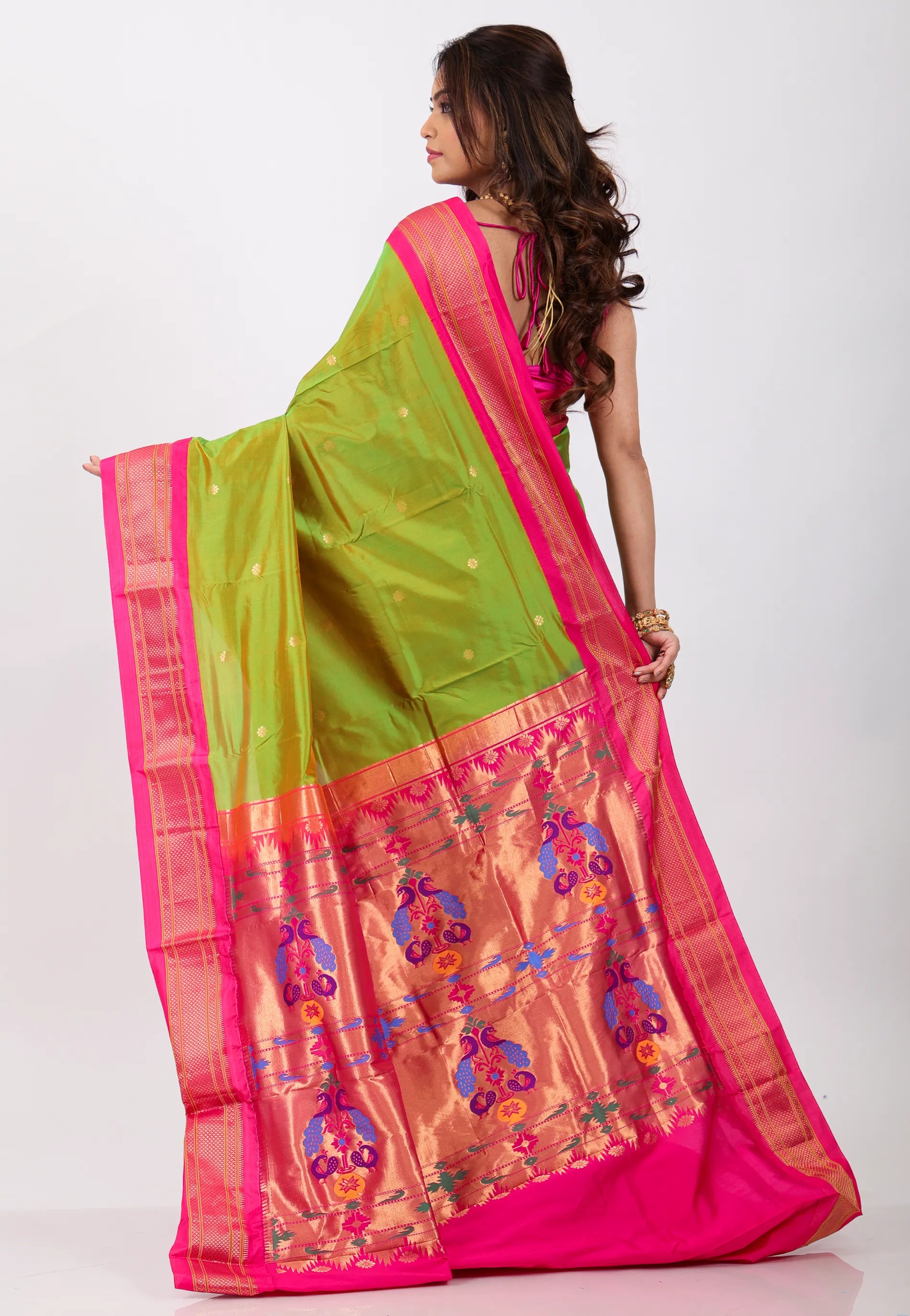 Parrot Green with Rani Zari Border Pure Paithani Silk Saree With Blouse Piece - Adi Akshoy & Co.