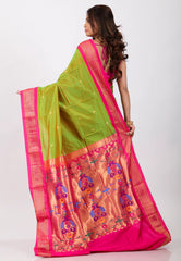 Parrot Green with Rani Zari Border Pure Paithani Silk Saree With Blouse Piece - Adi Akshoy & Co.