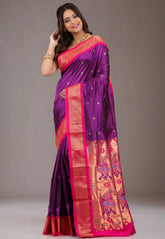 Magenta with Red Zari Border Pure Paithani Silk Saree With Blouse Piece - Adi Akshoy & Co.