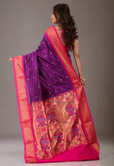 Magenta with Red Zari Border Pure Paithani Silk Saree With Blouse Piece - Adi Akshoy & Co.