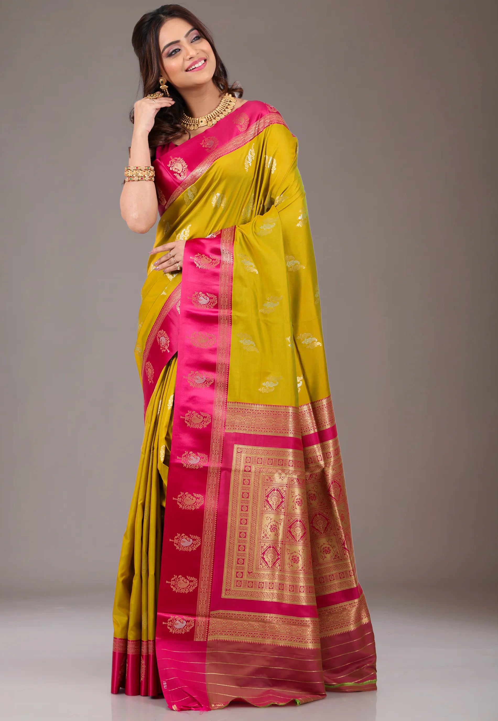Mustard with Rani Border Kanjivaram Silk Saree With Blouse Piece - Adi Akshoy & Co.