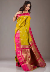 Mustard with Rani Border Kanjivaram Silk Saree With Blouse Piece - Adi Akshoy & Co.