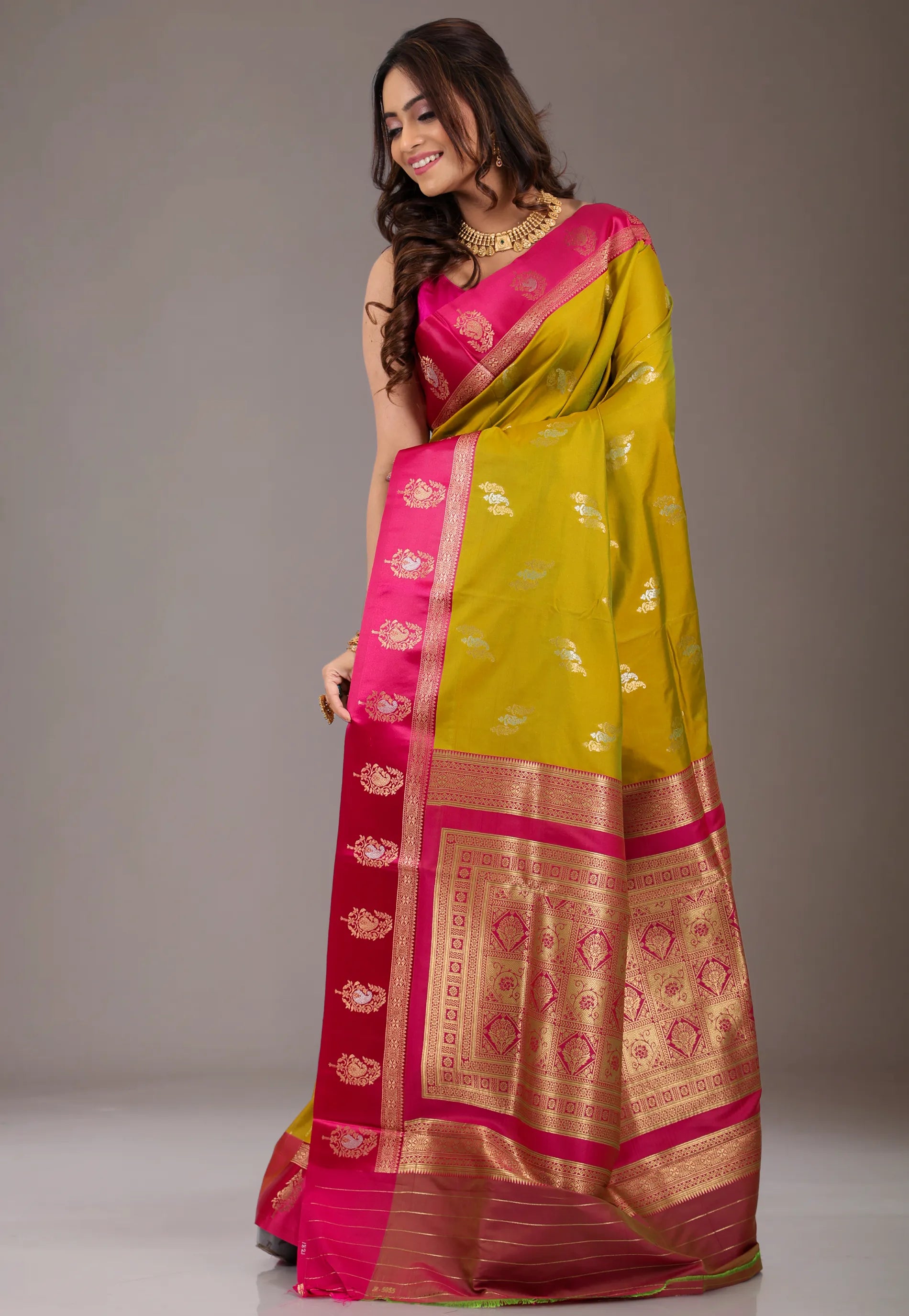 Mustard with Rani Border Kanjivaram Silk Saree With Blouse Piece - Adi Akshoy & Co.