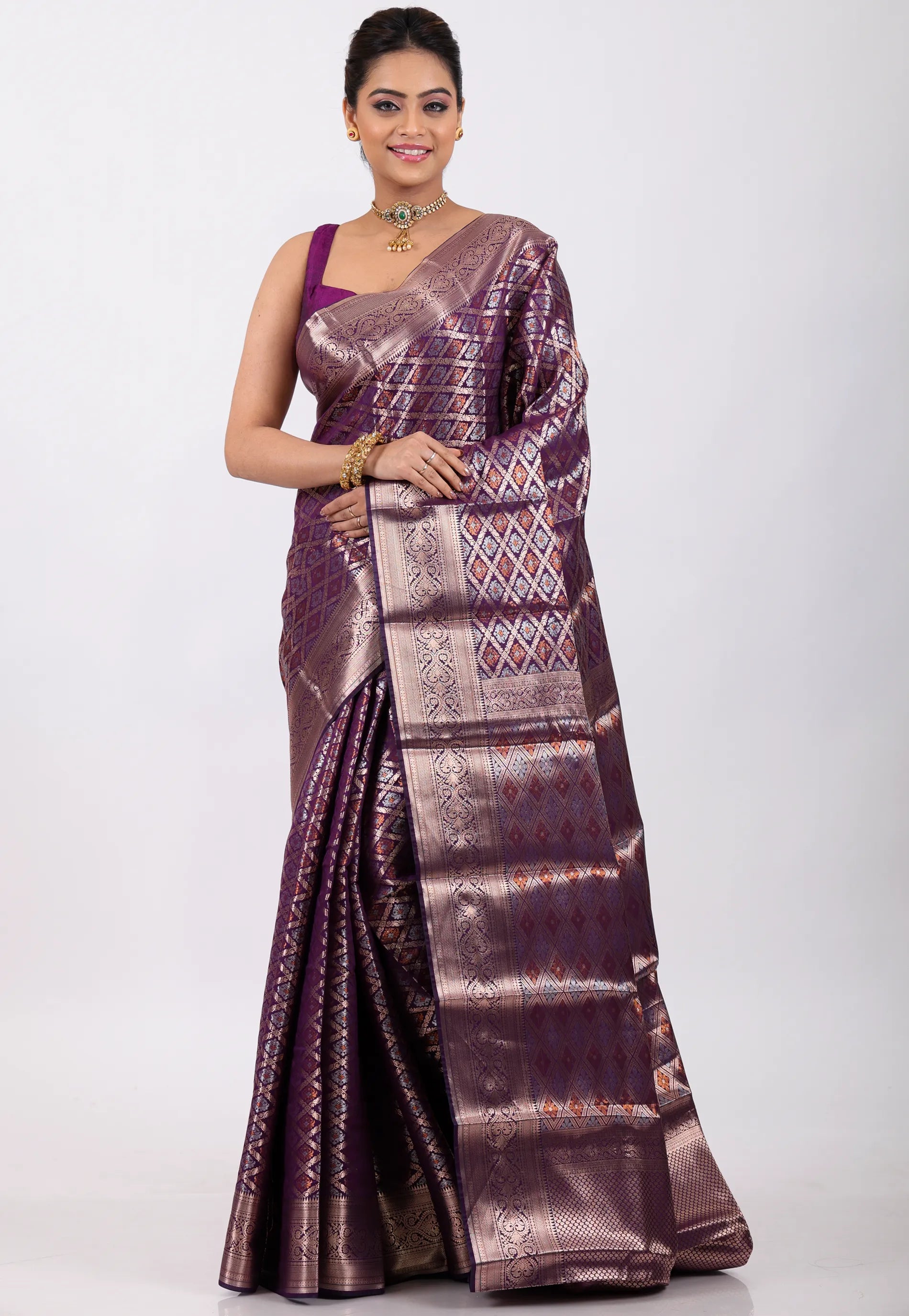 Magenta with Zari work Kanjivaram Silk Saree With Blouse Piece - Adi Akshoy & Co.