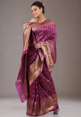 Magenta with Zari work Kanjivaram Silk Saree With Blouse Piece - Adi Akshoy & Co.