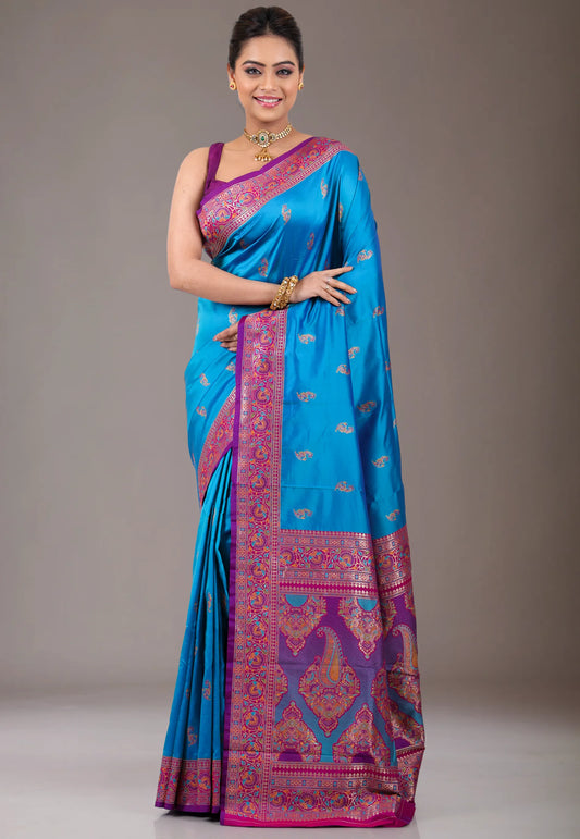 Feroza Blue with Magenta Border Kanjivaram Silk Saree With Blouse Piece - Adi Akshoy & Co.