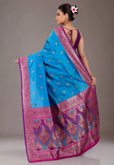 Feroza Blue with Magenta Border Kanjivaram Silk Saree With Blouse Piece - Adi Akshoy & Co.