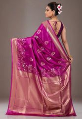 Magenta with Zari work Mashru Silk Saree with Blouse Piece - Adi Akshoy & Co.