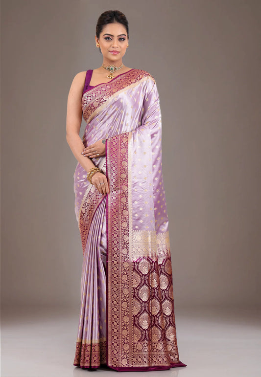 Purple with Magenta Border Pastel Banarasi Saree With Blouse Piece - Adi Akshoy & Co.