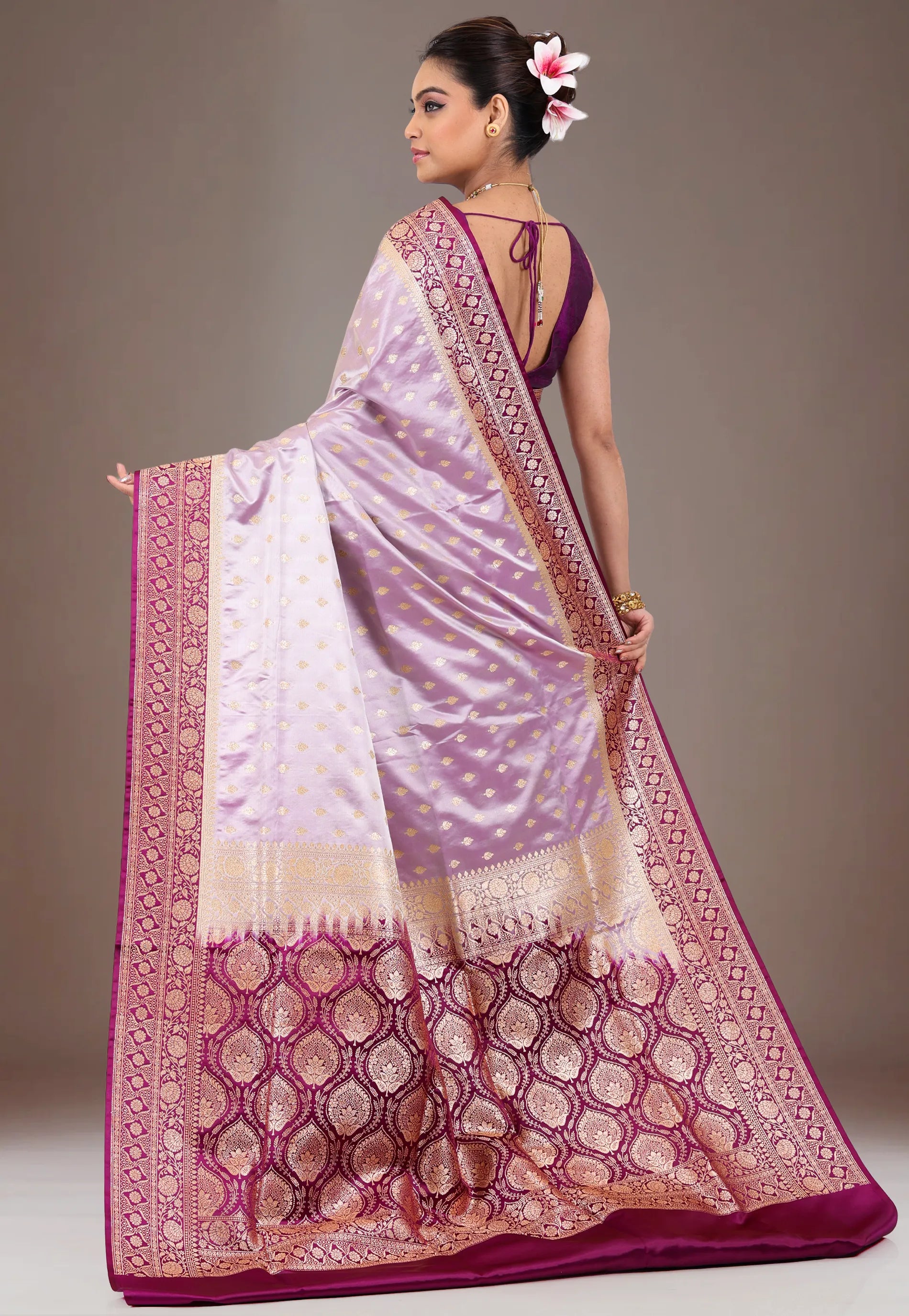 Purple with Magenta Border Pastel Banarasi Saree With Blouse Piece - Adi Akshoy & Co.