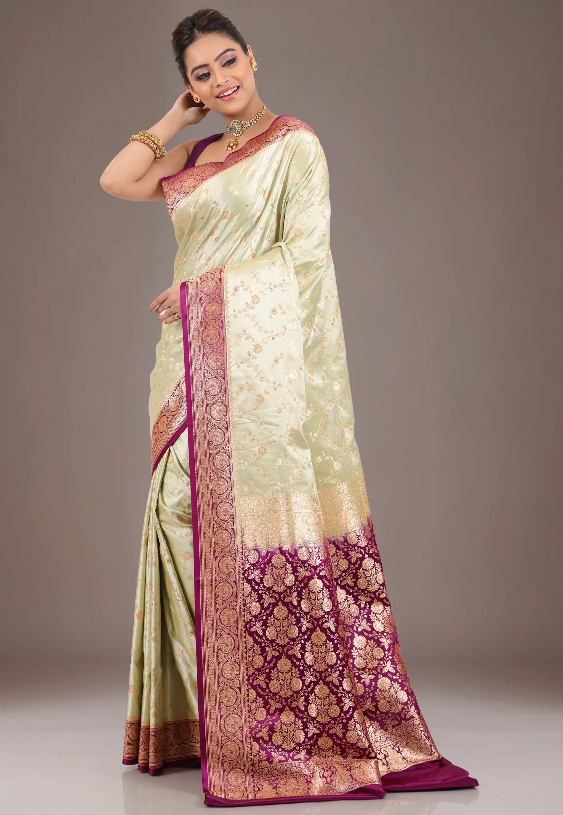 Lime Green with Magenta Border Pastel Banarasi Saree With Blouse Piece - Adi Akshoy & Co.
