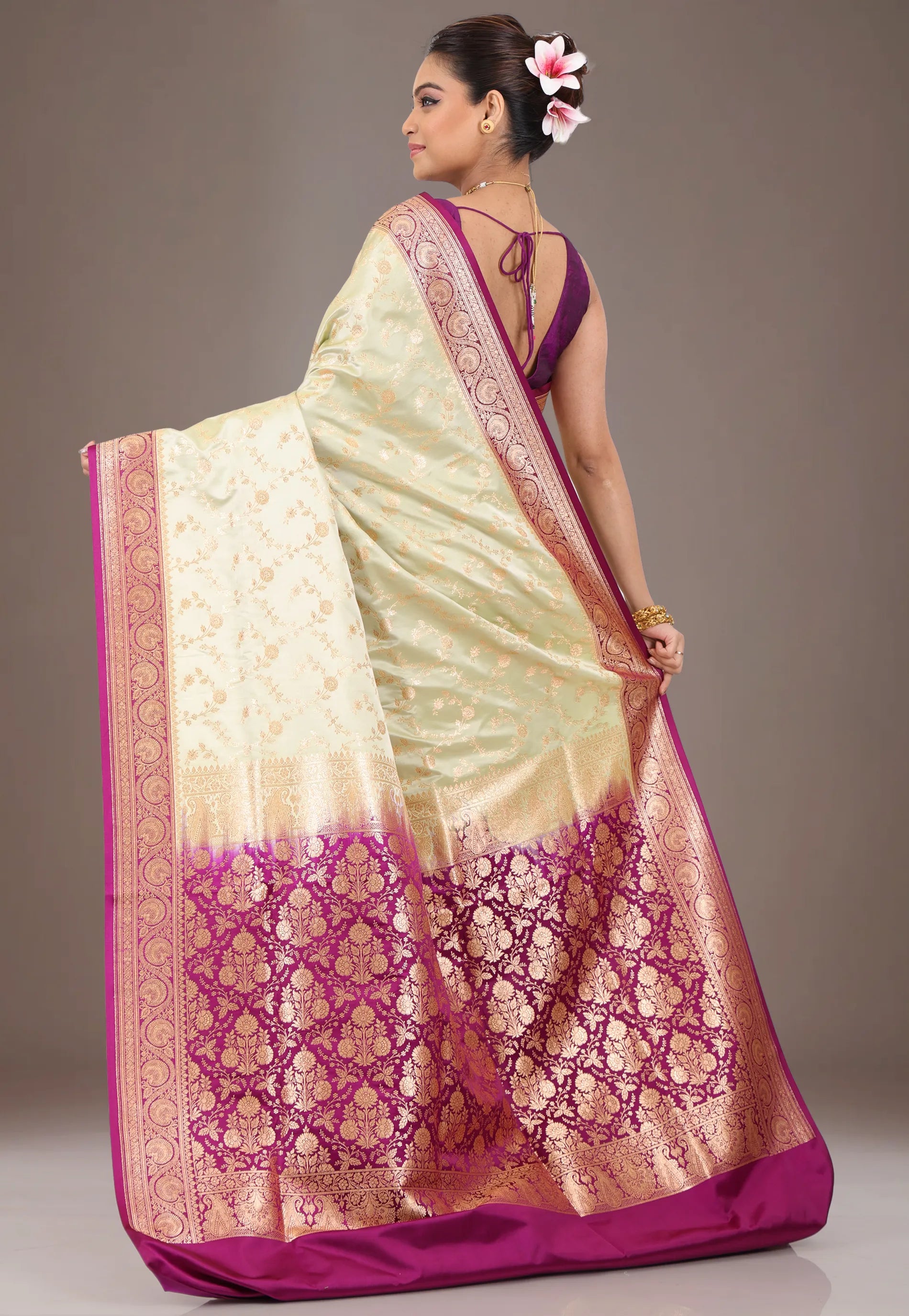 Lime Green with Magenta Border Pastel Banarasi Saree With Blouse Piece - Adi Akshoy & Co.