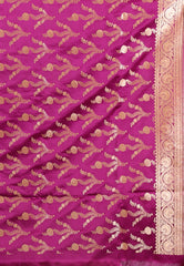 Lime Green with Magenta Border Pastel Banarasi Saree With Blouse Piece - Adi Akshoy & Co.